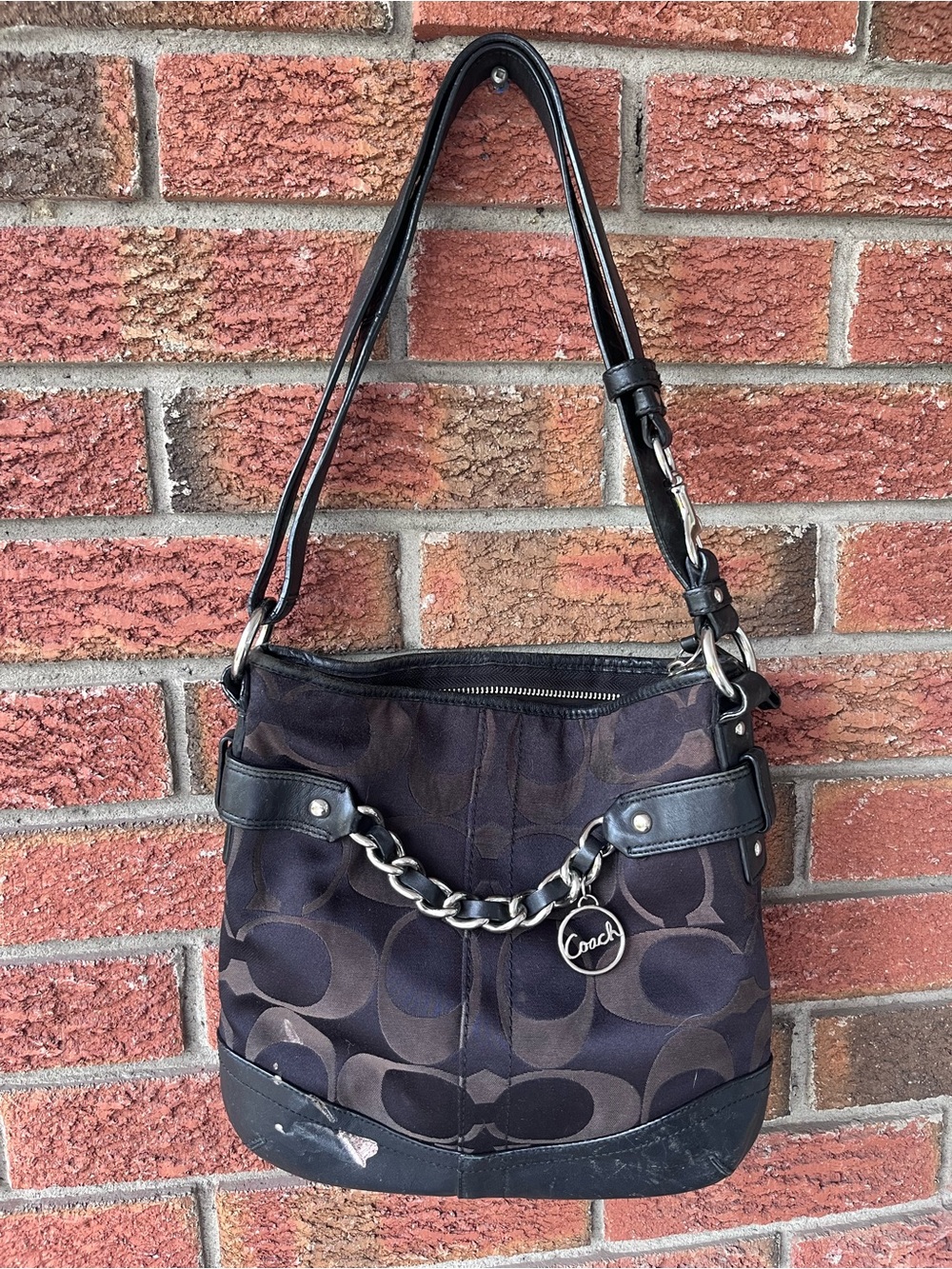 Coach Black/Brown Signature Chain-Accent Shoulder Bag